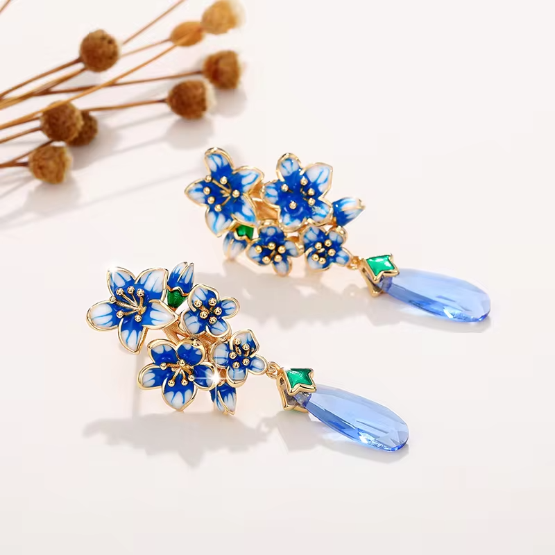 Handmade Blue Zircon Dangle Earrings — 18K Yellow Gold