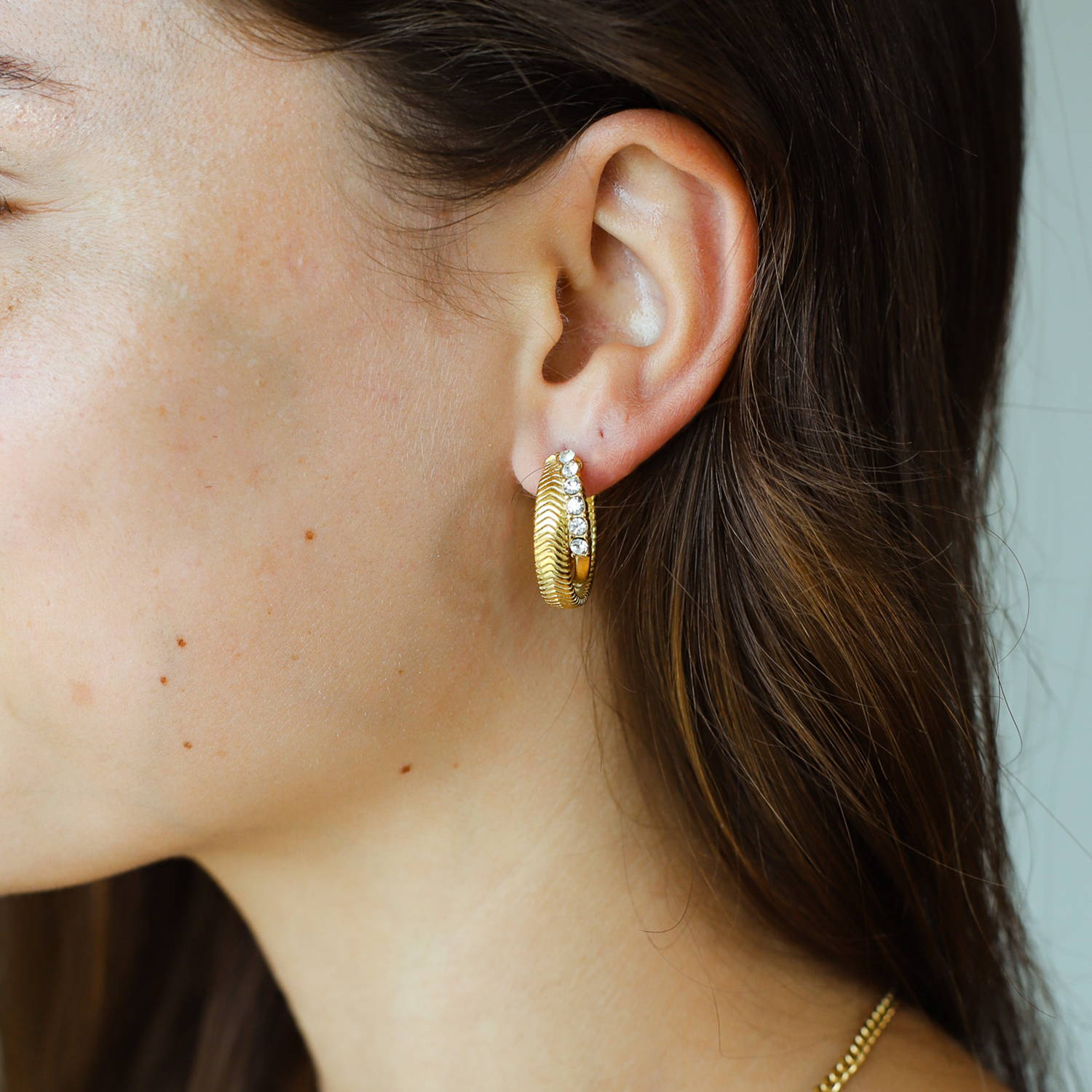 Rhinestone Layered Hoop Earrings — 18K Yellow Gold