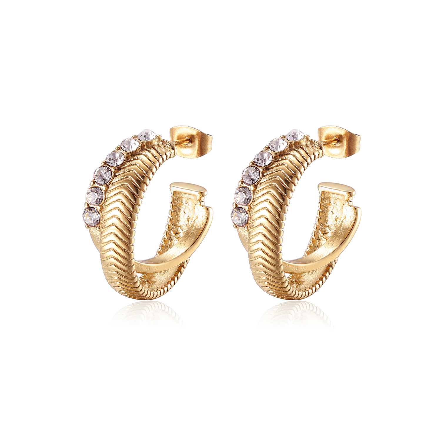 Rhinestone Layered Hoop Earrings — 18K Yellow Gold